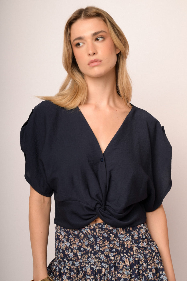 Top crop con nodo misto viscosa blu notte