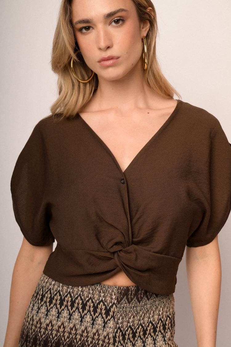 Top crop con nodo misto viscosa cioccolato
