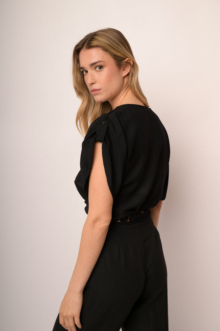 Top crop con nodo misto viscosa nero