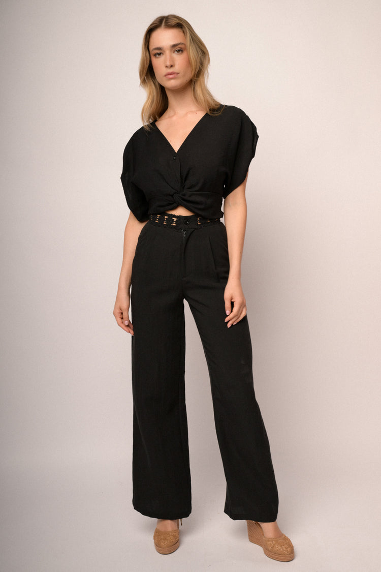 Top crop con nodo misto viscosa nero