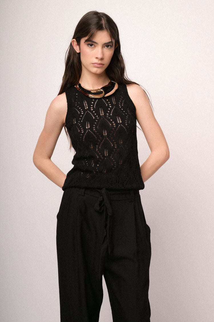 Pantaloni palazzo in viscosa nera con cintura
