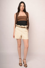 Shorts in cotone beige con cintura