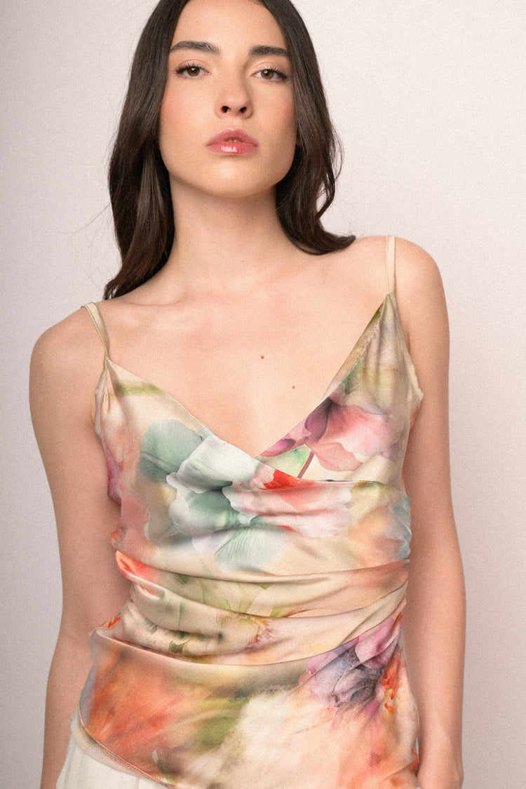Top in raso a stampa floreale multicolor