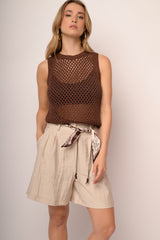 Bermuda misto viscosa beige con cintura-foulard