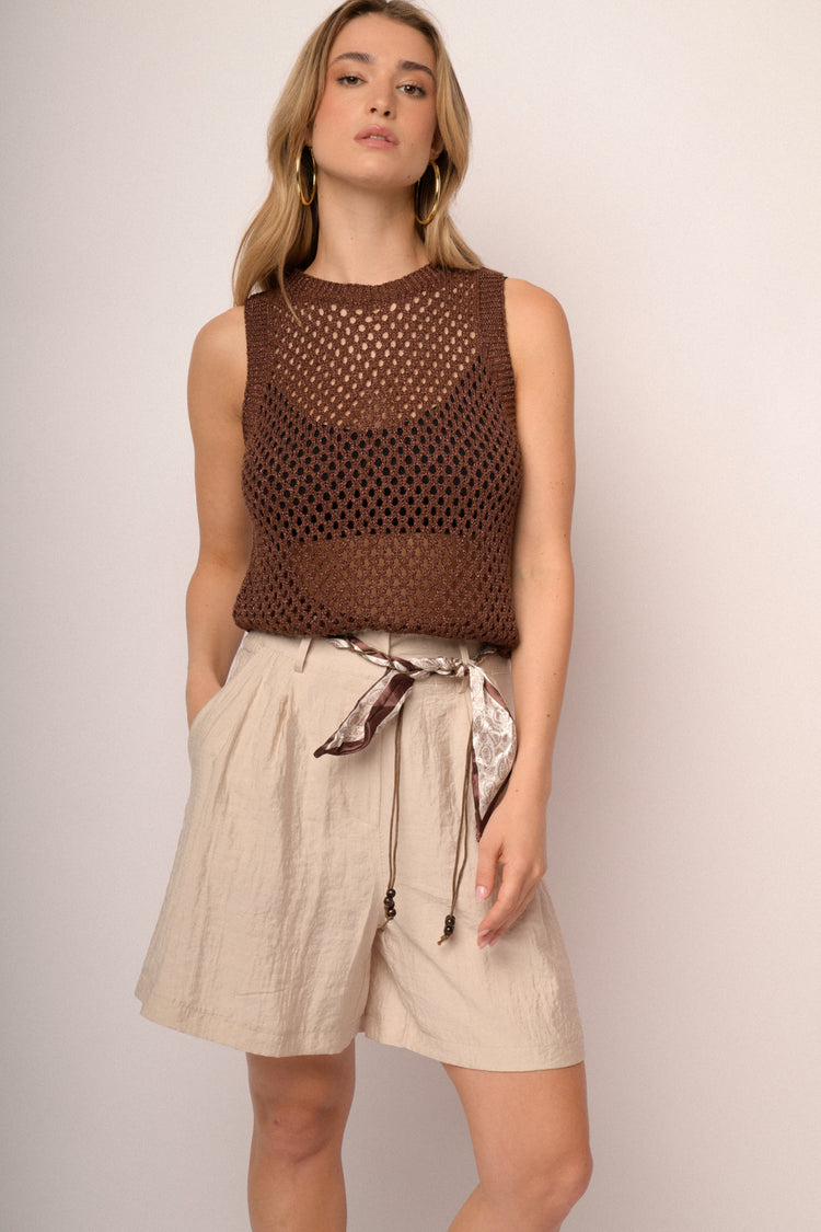 Bermuda misto viscosa beige con cintura-foulard