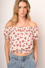 Top in viscosa a stampa floreale multicolor con profili elasticizzati