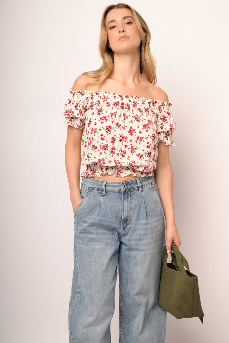 Top in viscosa a stampa floreale multicolor con profili elasticizzati