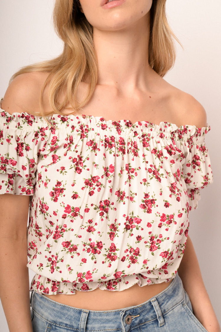 Top in viscosa a stampa floreale multicolor con profili elasticizzati