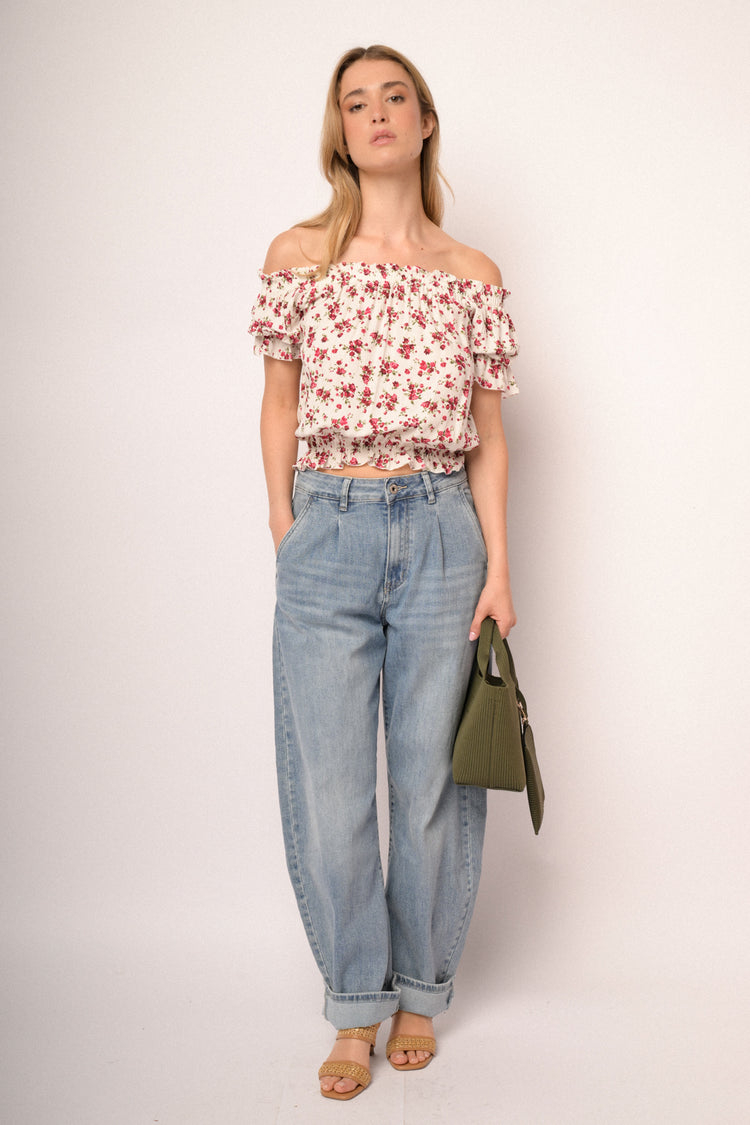 Top in viscosa a stampa floreale multicolor con profili elasticizzati