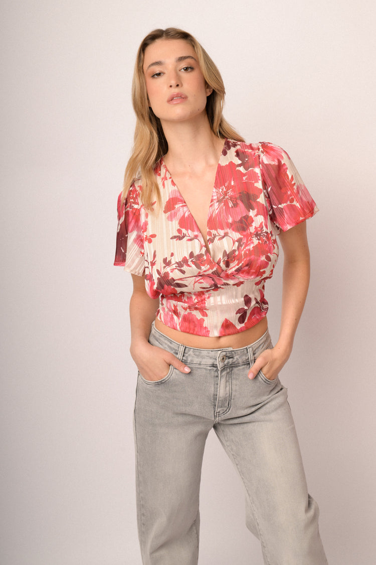 Top crop a stampa floreale multicolor