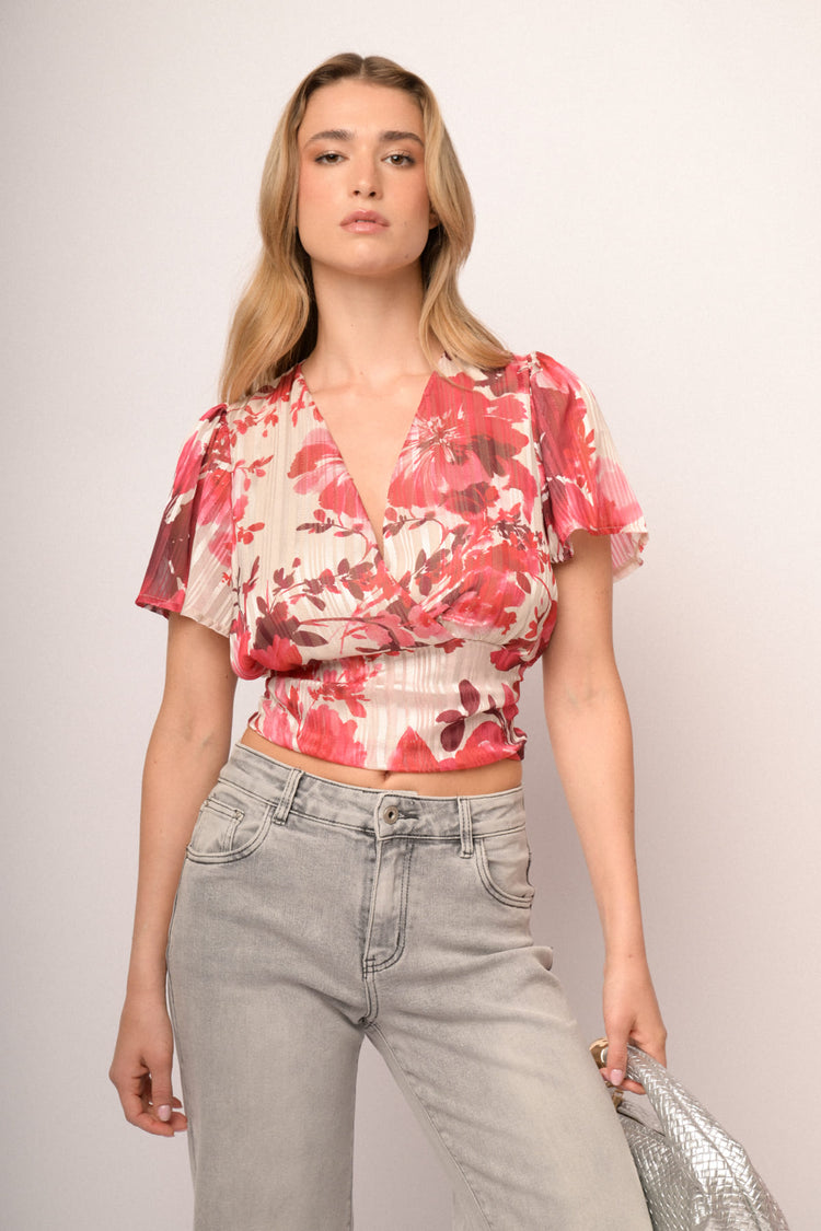 Top crop a stampa floreale multicolor