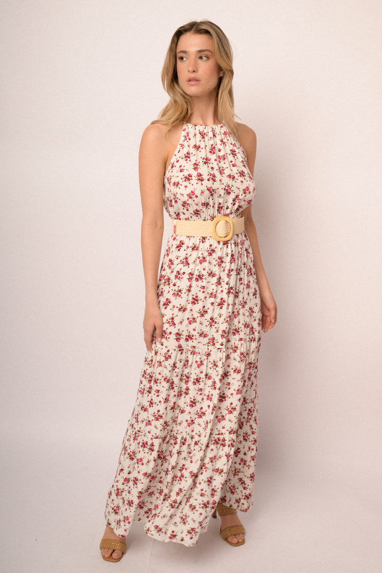Abito halter lungo in viscosa a stampa floreale bianco con cintura