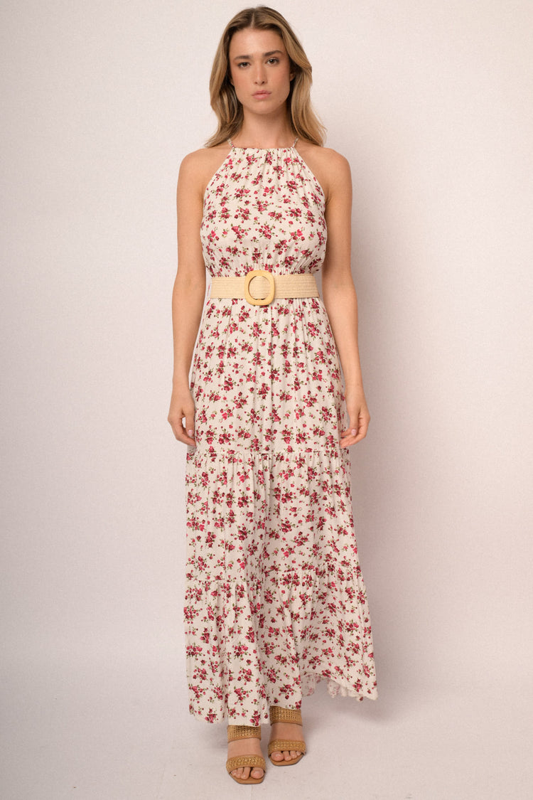 Abito halter lungo in viscosa a stampa floreale bianco con cintura