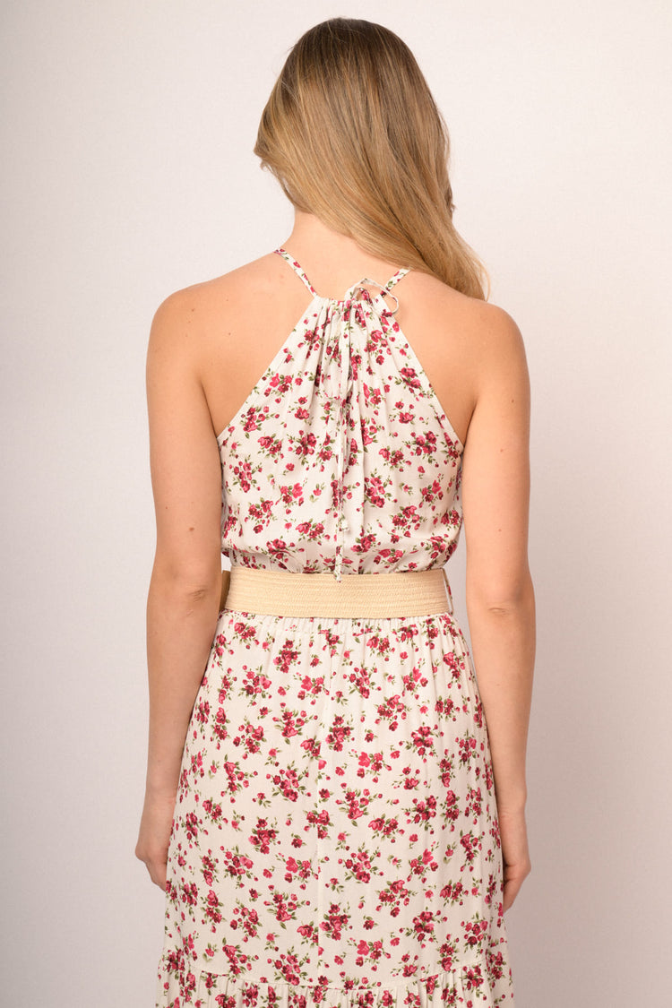 Abito halter lungo in viscosa a stampa floreale bianco con cintura