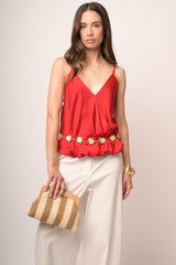 Top in raso rosso con scollo a V incrociato