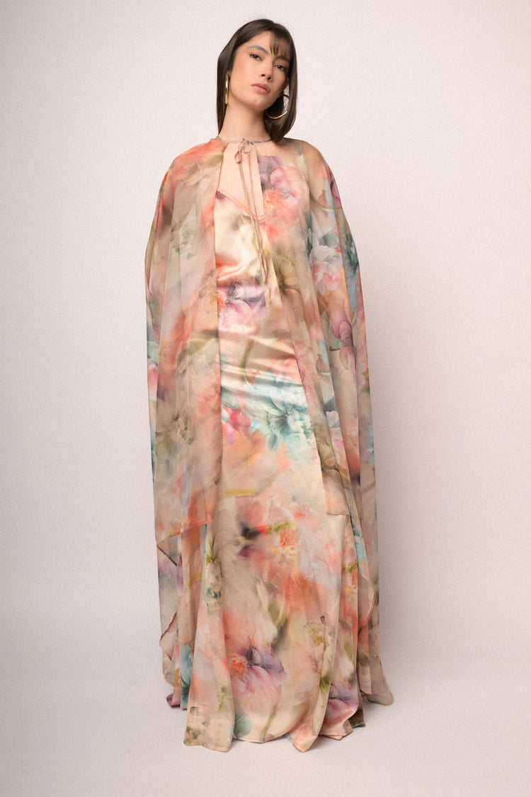 Mantella lunga in chiffon a stampa floreale multicolor