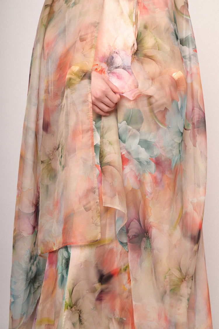 Mantella lunga in chiffon a stampa floreale multicolor