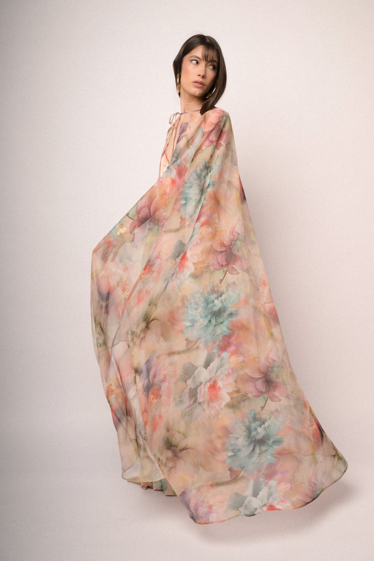 Mantella lunga in chiffon a stampa floreale multicolor
