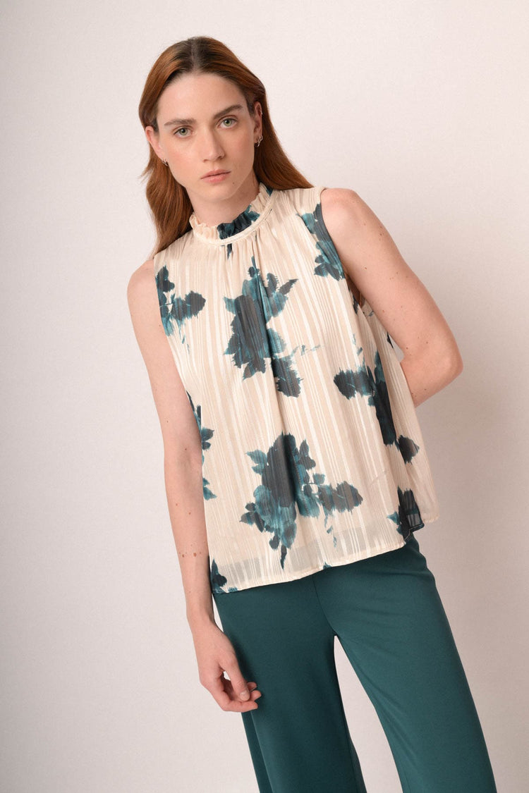 Top a fili lurex con stampa floreale avorio/verde petrolio