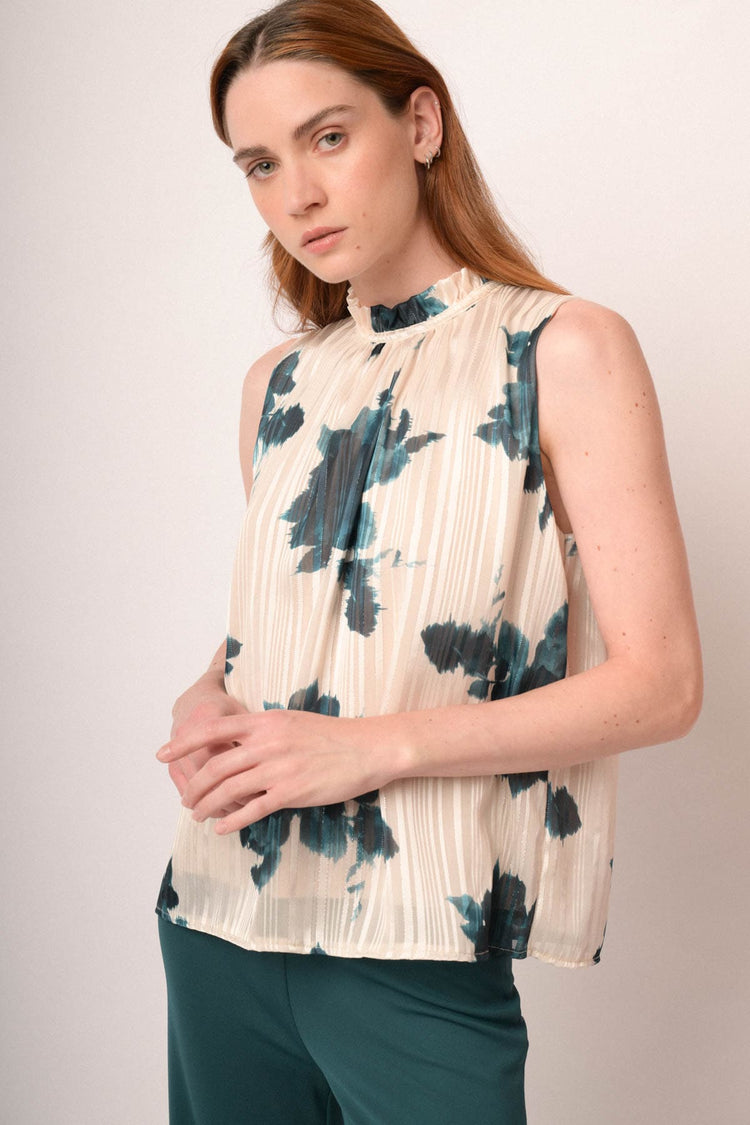 Top a fili lurex con stampa floreale avorio/verde petrolio