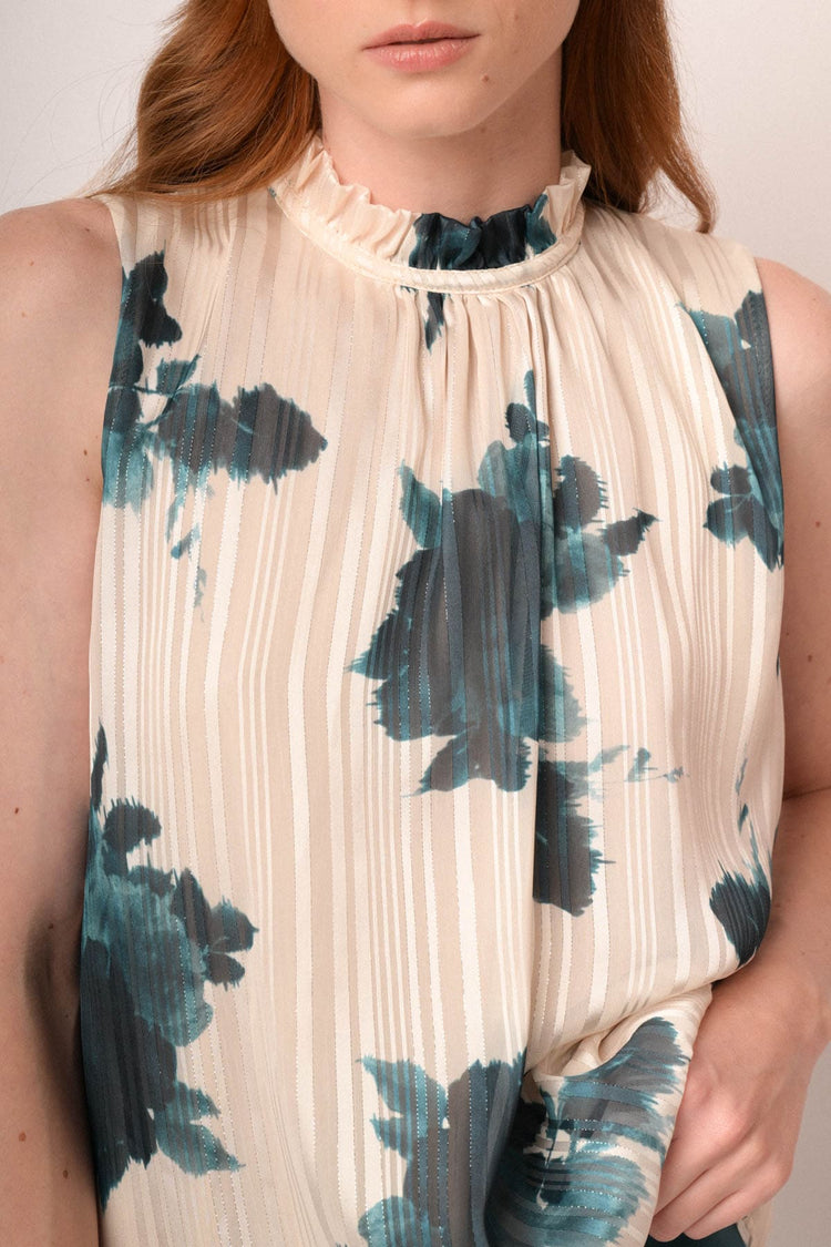 Top a fili lurex con stampa floreale avorio/verde petrolio