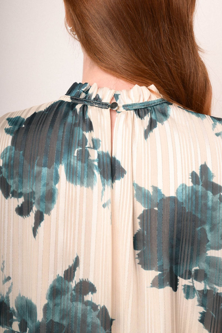 Top a fili lurex con stampa floreale avorio/verde petrolio