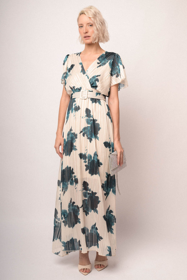 Abito lungo in georgette lurex con stampa floreale petrolio/bianco