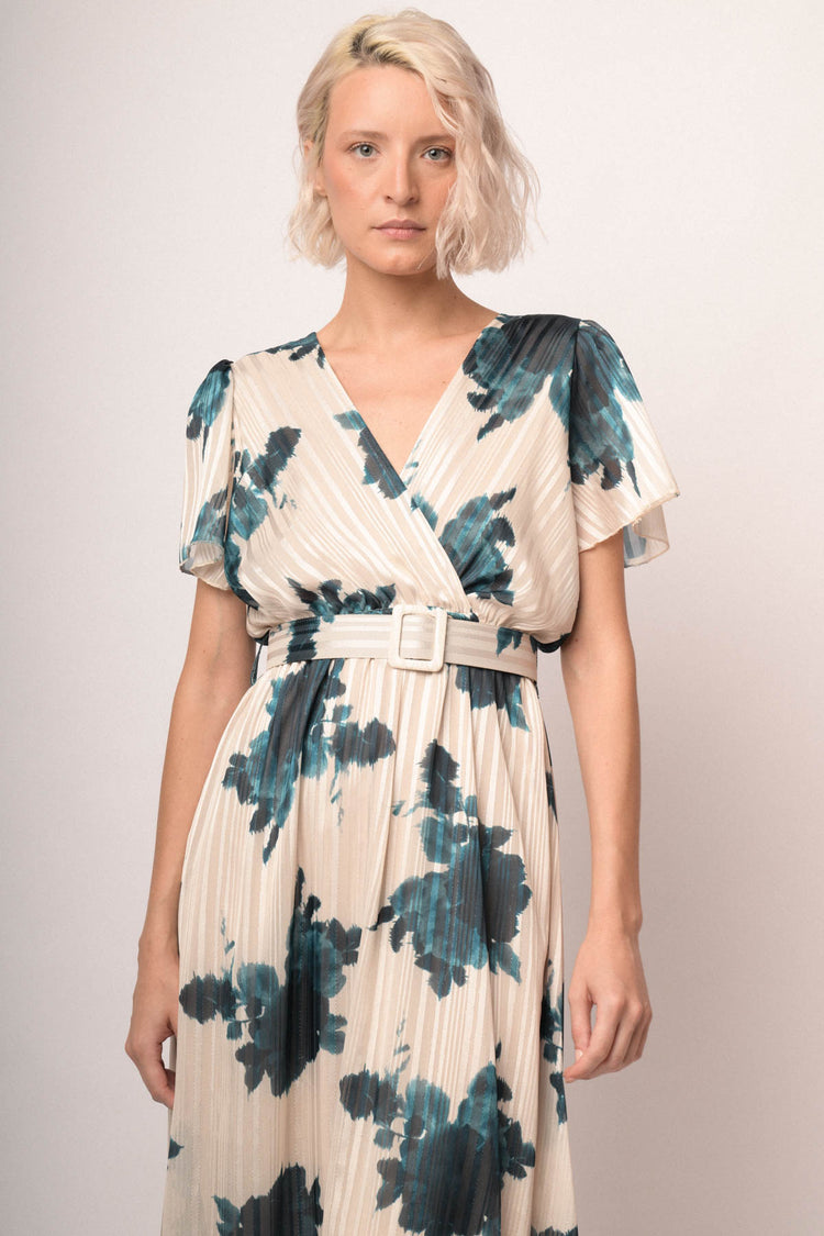 Abito lungo in georgette lurex con stampa floreale petrolio/bianco