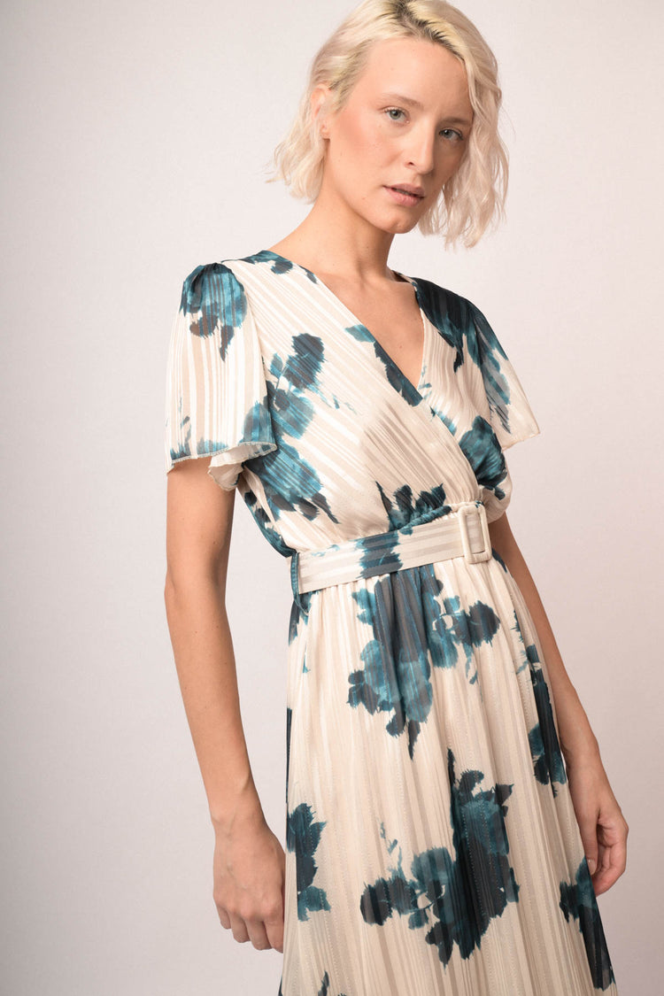 Abito lungo in georgette lurex con stampa floreale petrolio/bianco
