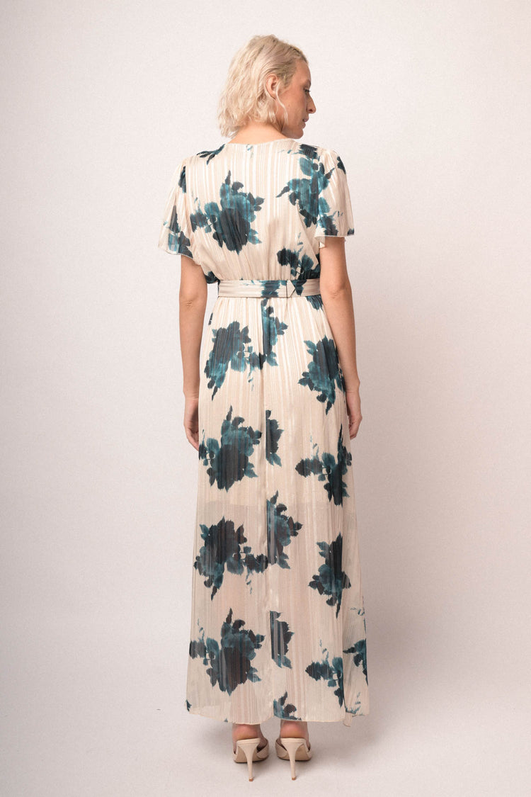 Abito lungo in georgette lurex con stampa floreale petrolio/bianco