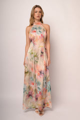 Abito halter lungo in raso a stampa floreale multicolor