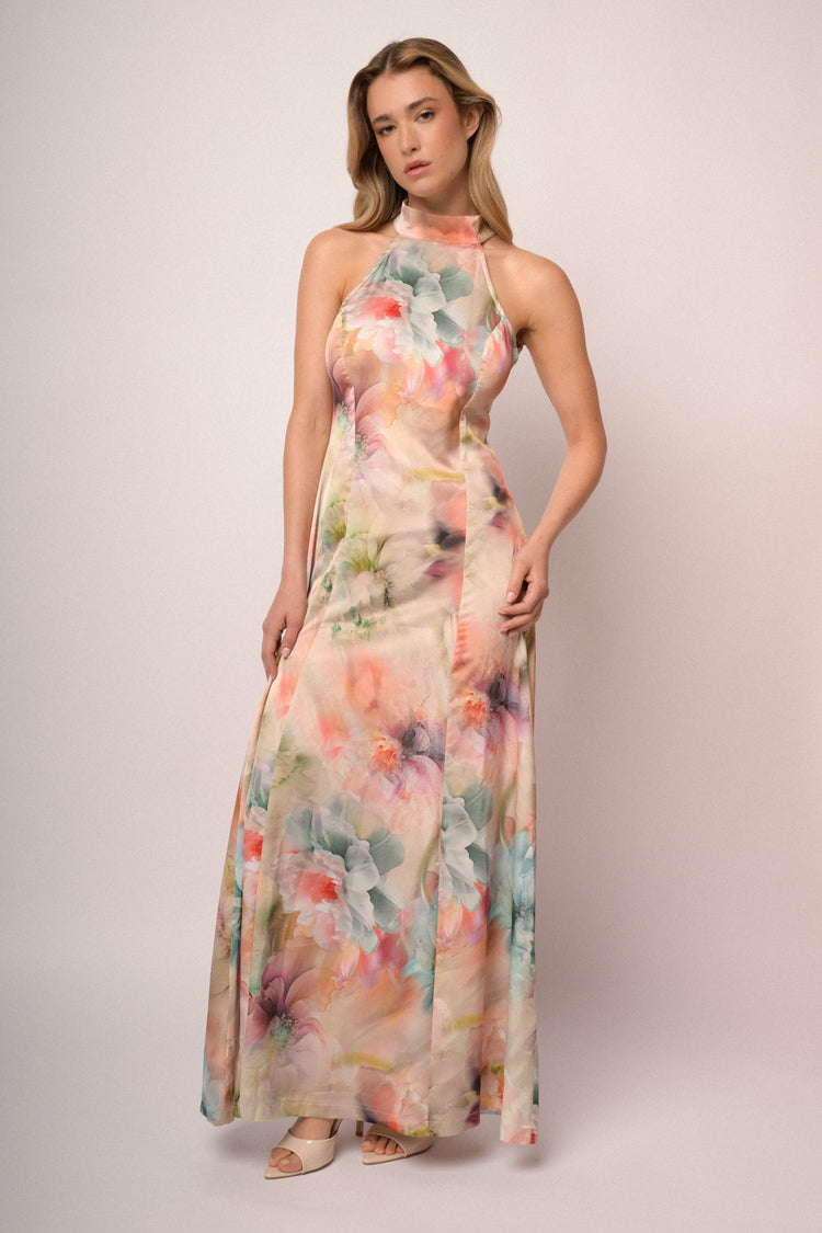 Abito halter lungo in raso a stampa floreale multicolor