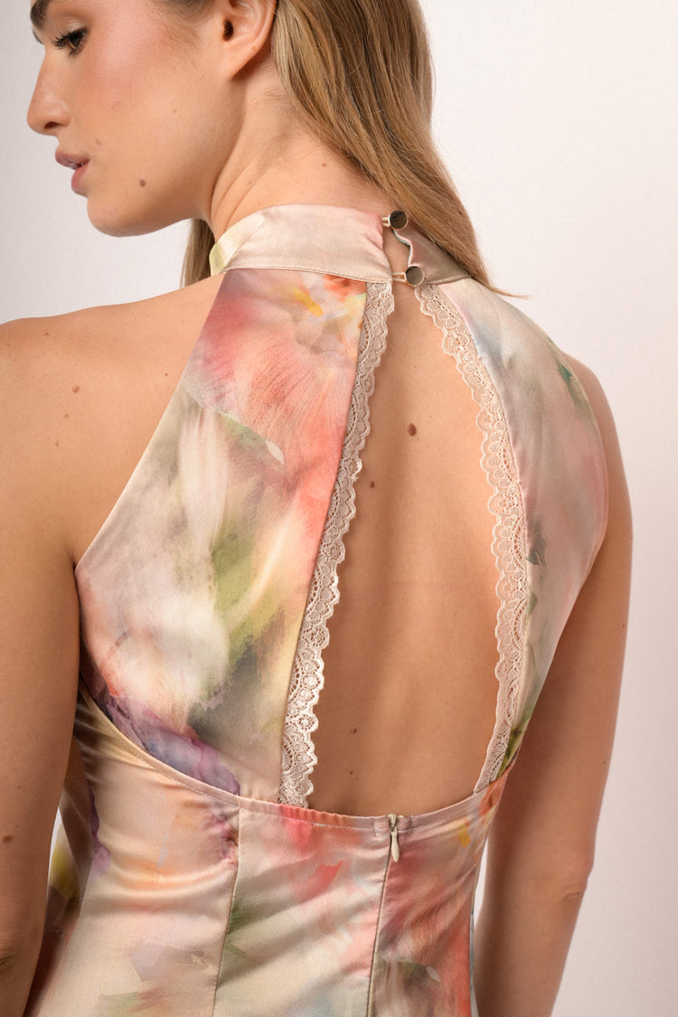 Abito halter lungo in raso a stampa floreale multicolor