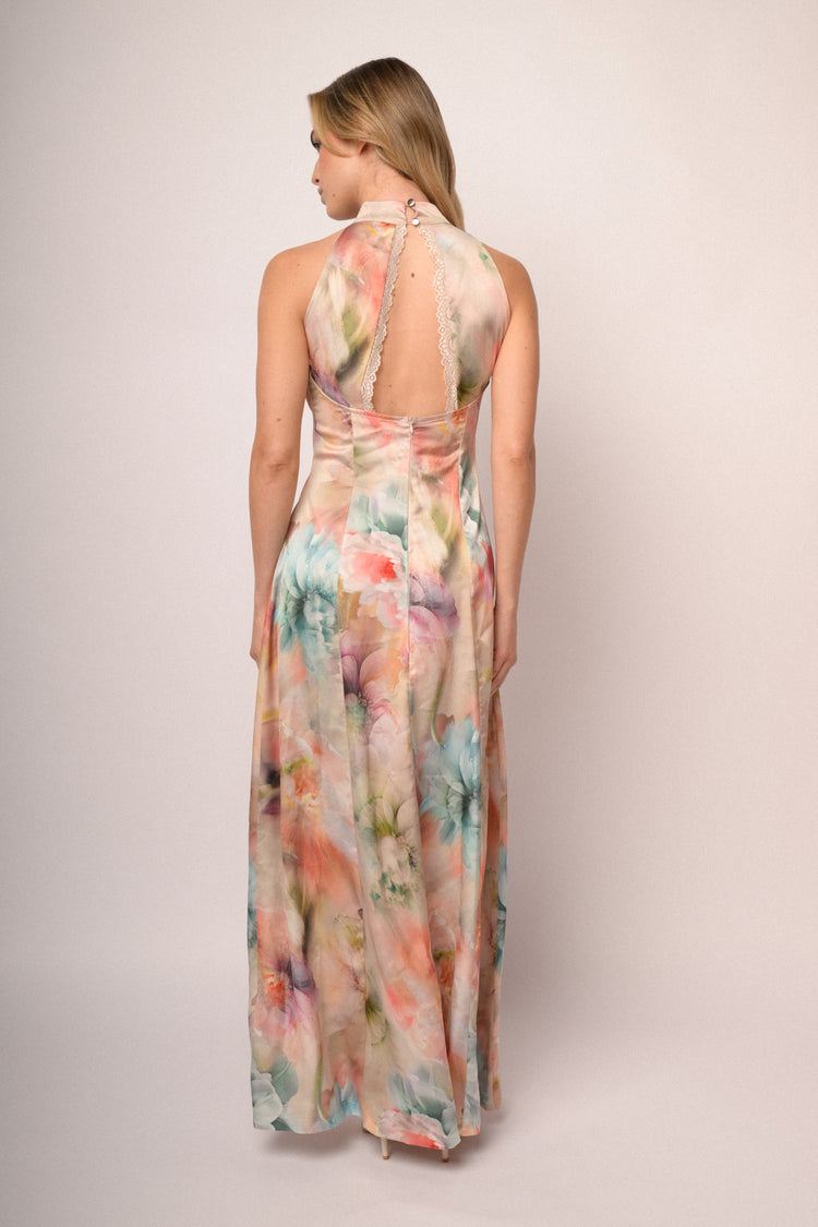 Abito halter lungo in raso a stampa floreale multicolor
