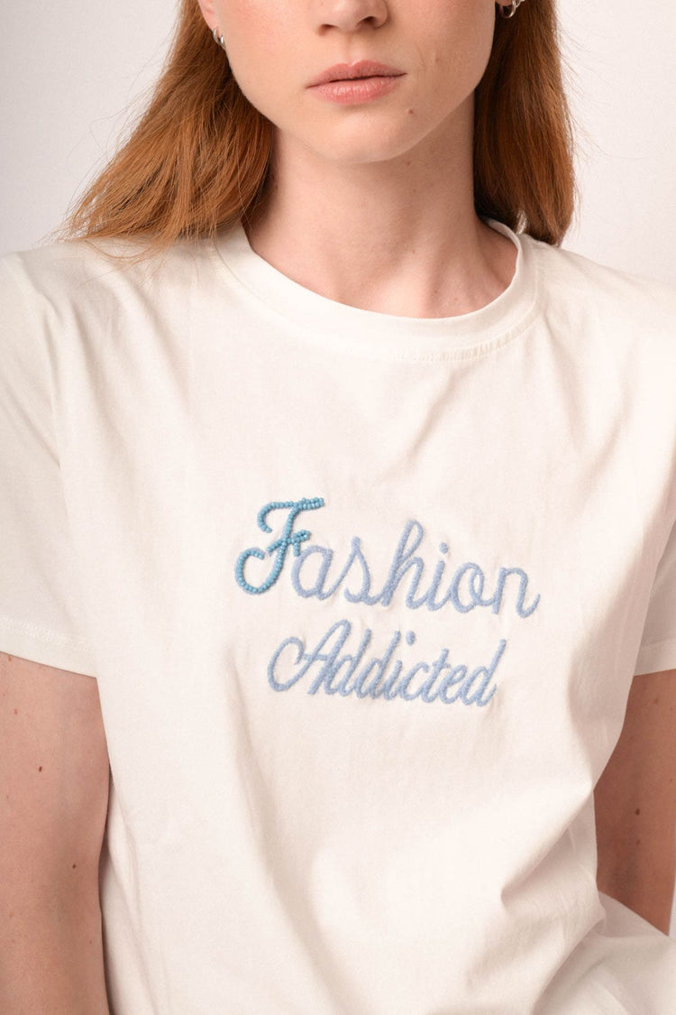 T-shirt Fashion Addicted in cotone bianco