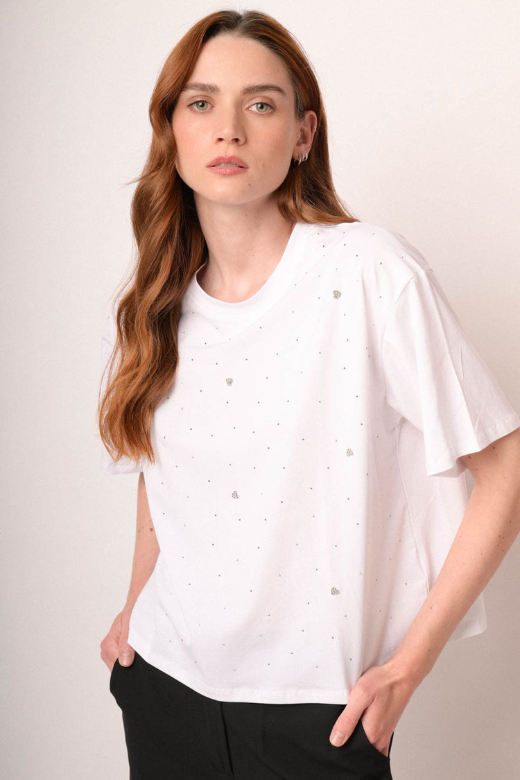 T-shirt bianca con strass all-over