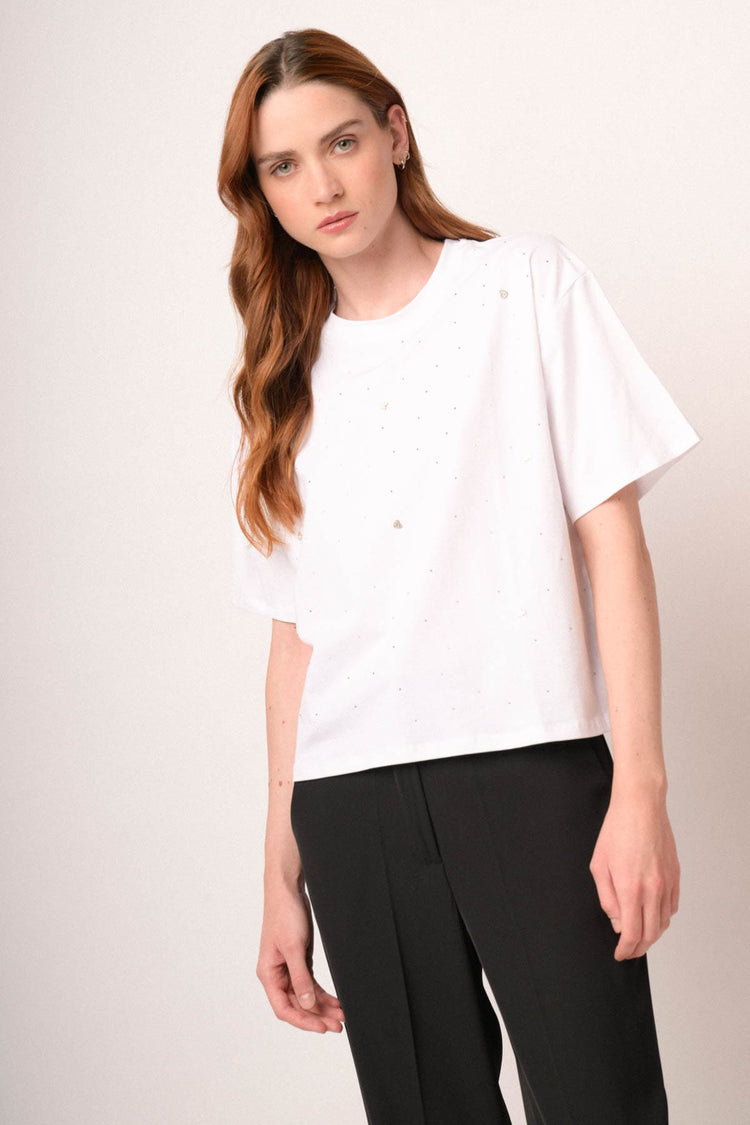 T-shirt bianca con strass all-over