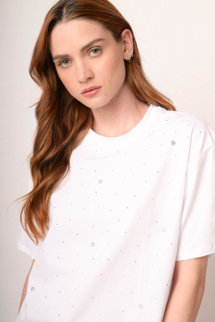 T-shirt bianca con strass all-over