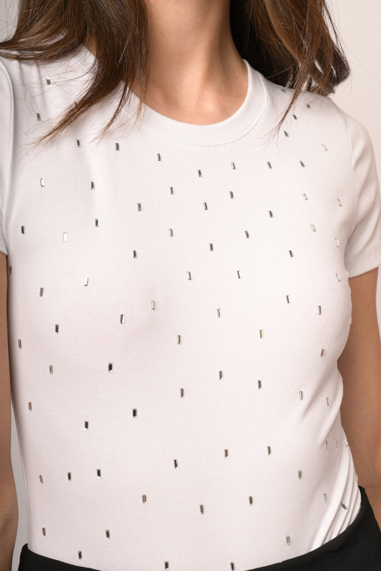 Body t-shirt in cotone bianco con strass