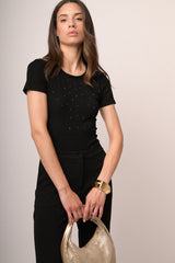 Body t-shirt in cotone nero con strass