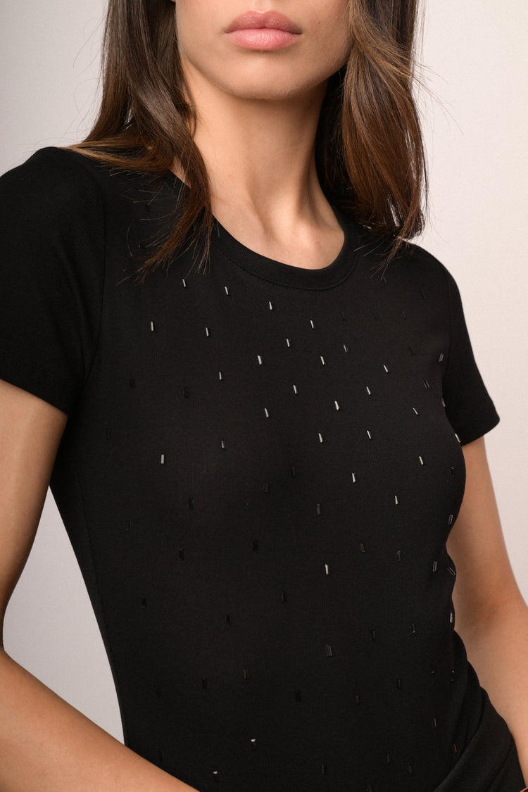 Body t-shirt in cotone nero con strass