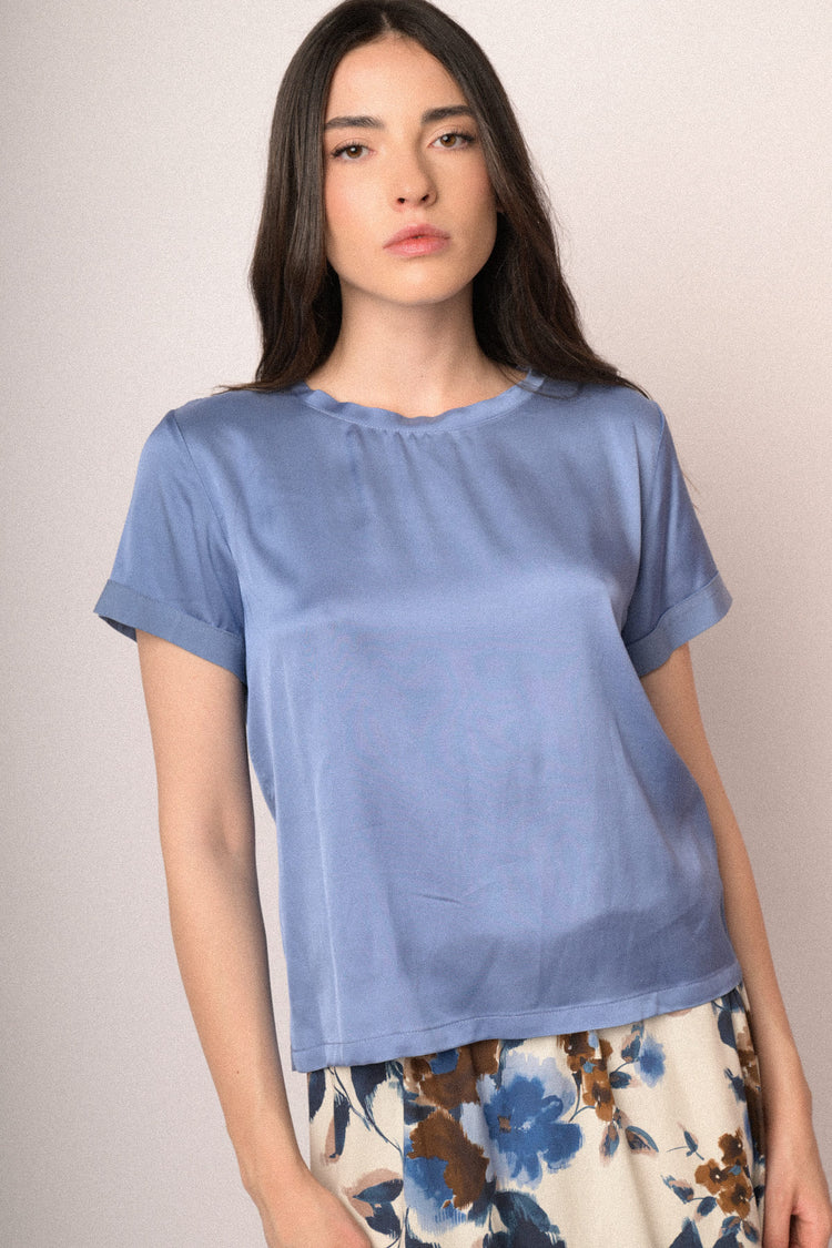 T-shirt in raso di viscosa azzurro