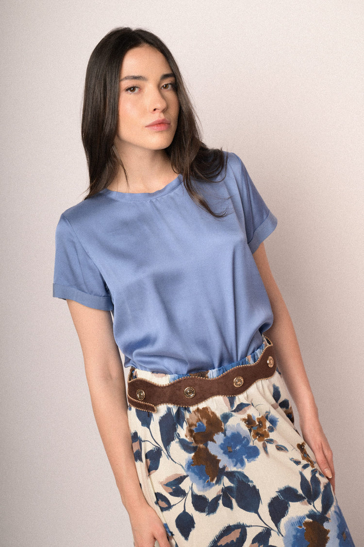 T-shirt in raso di viscosa azzurro