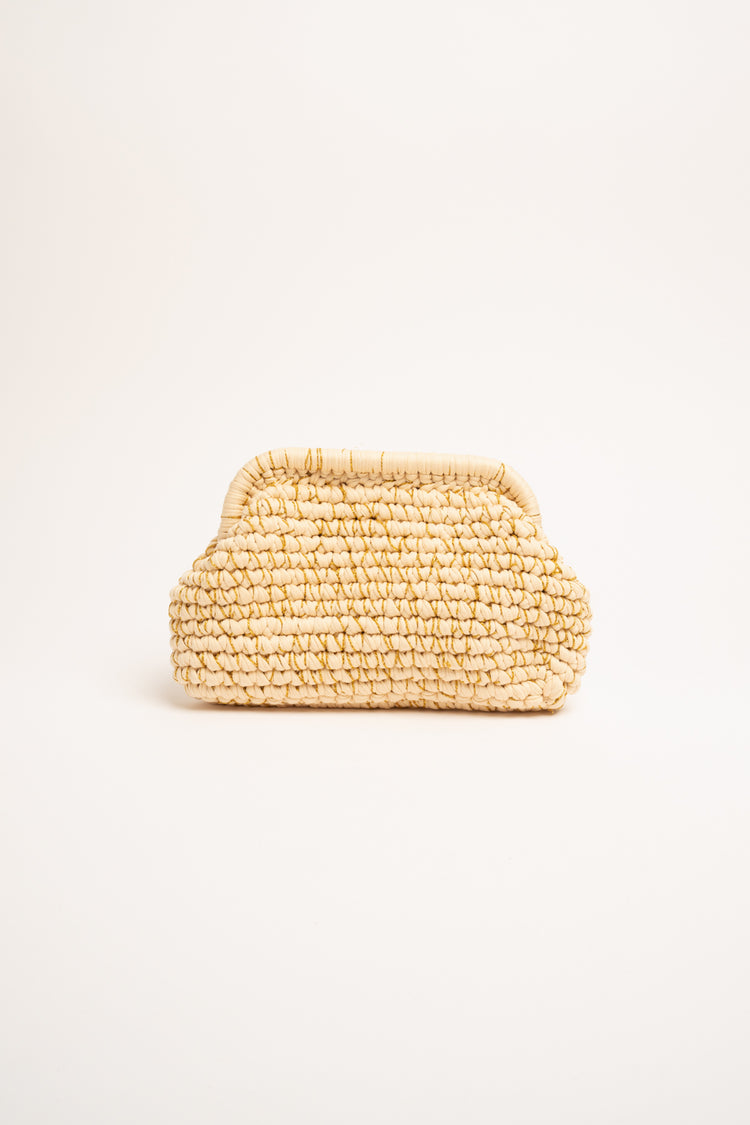Clutch in tessuto intrecciato beige e fili lurex