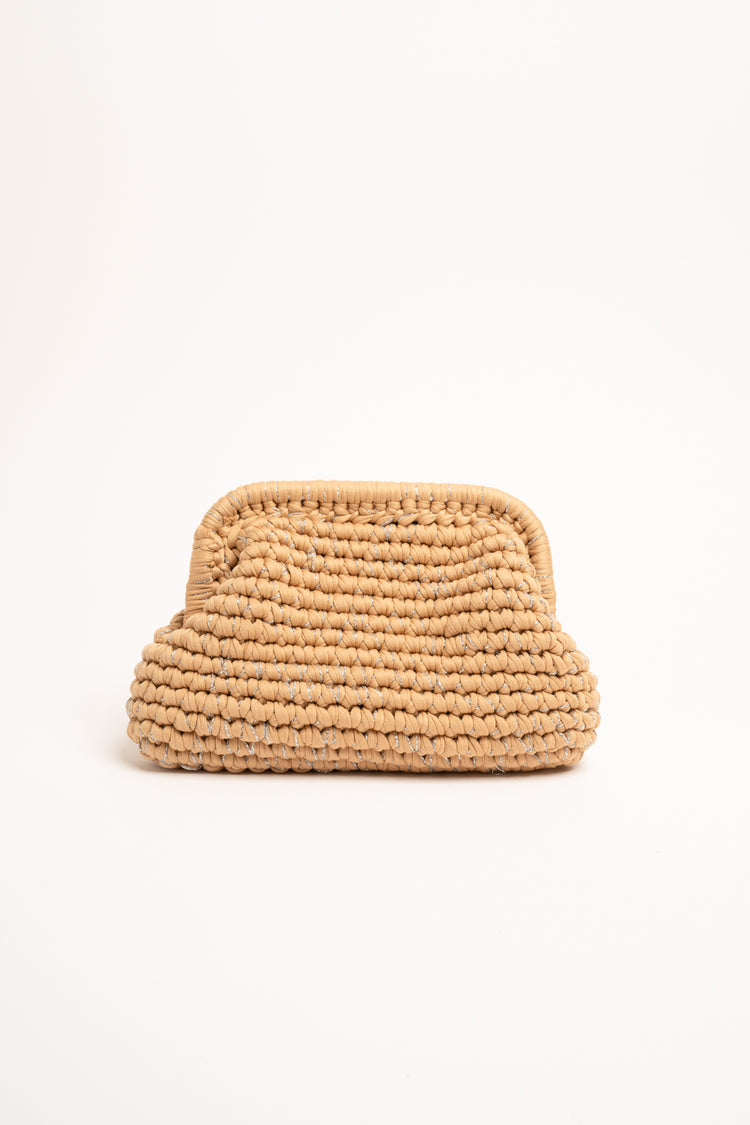 Clutch in tessuto intrecciato nocciola e fili lurex