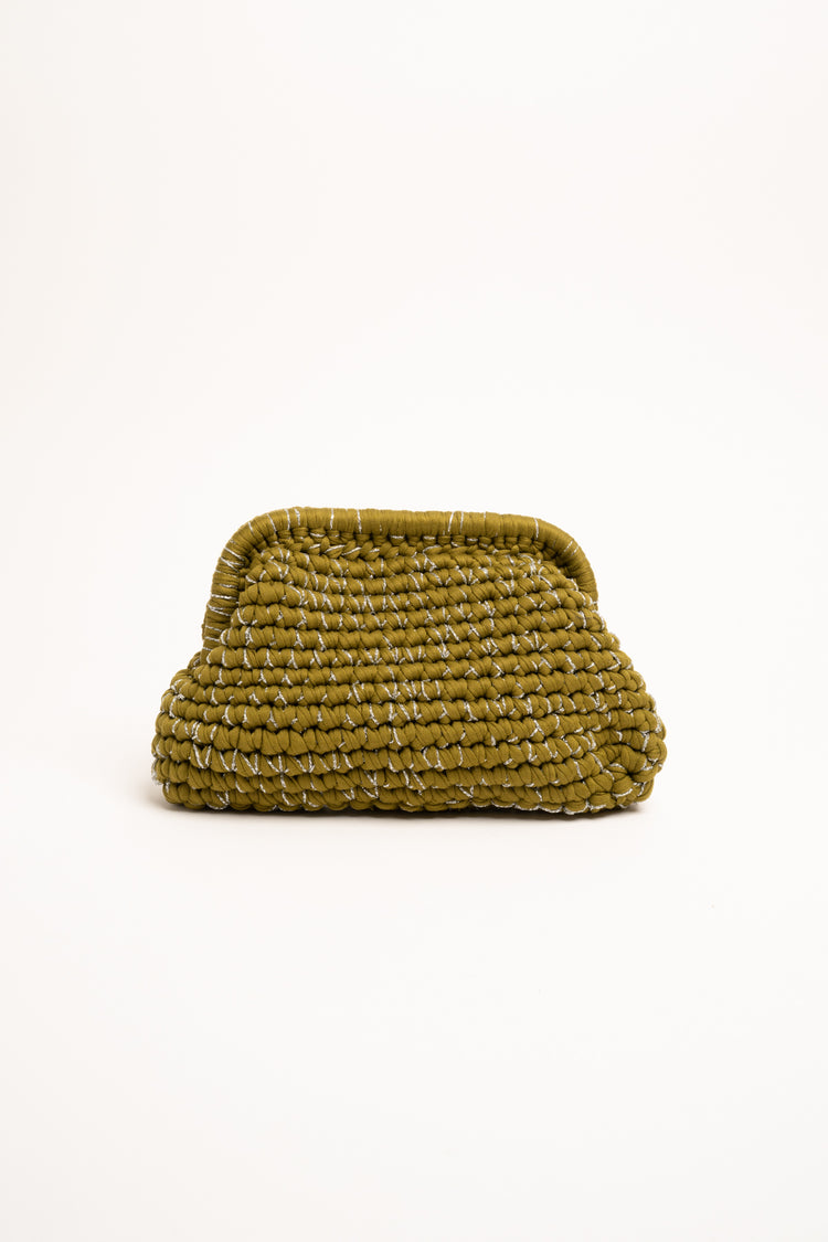 Clutch in tessuto intrecciato verde oliva e fili lurex