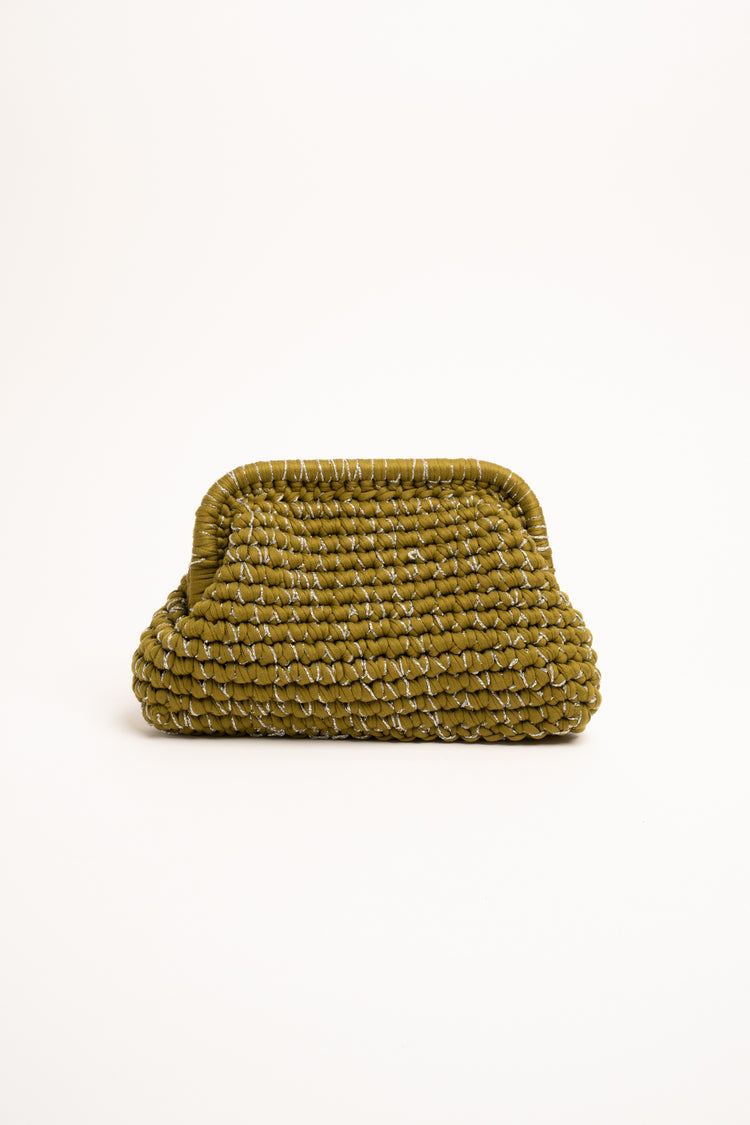 Clutch in tessuto intrecciato verde oliva e fili lurex