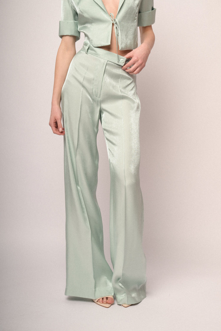 Pantaloni palazzo in raso verde acqua