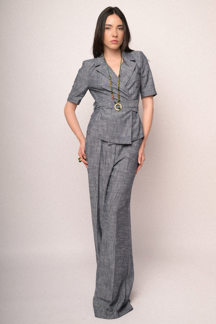 Pantaloni palazzo con vita sfrangiata blu mélange