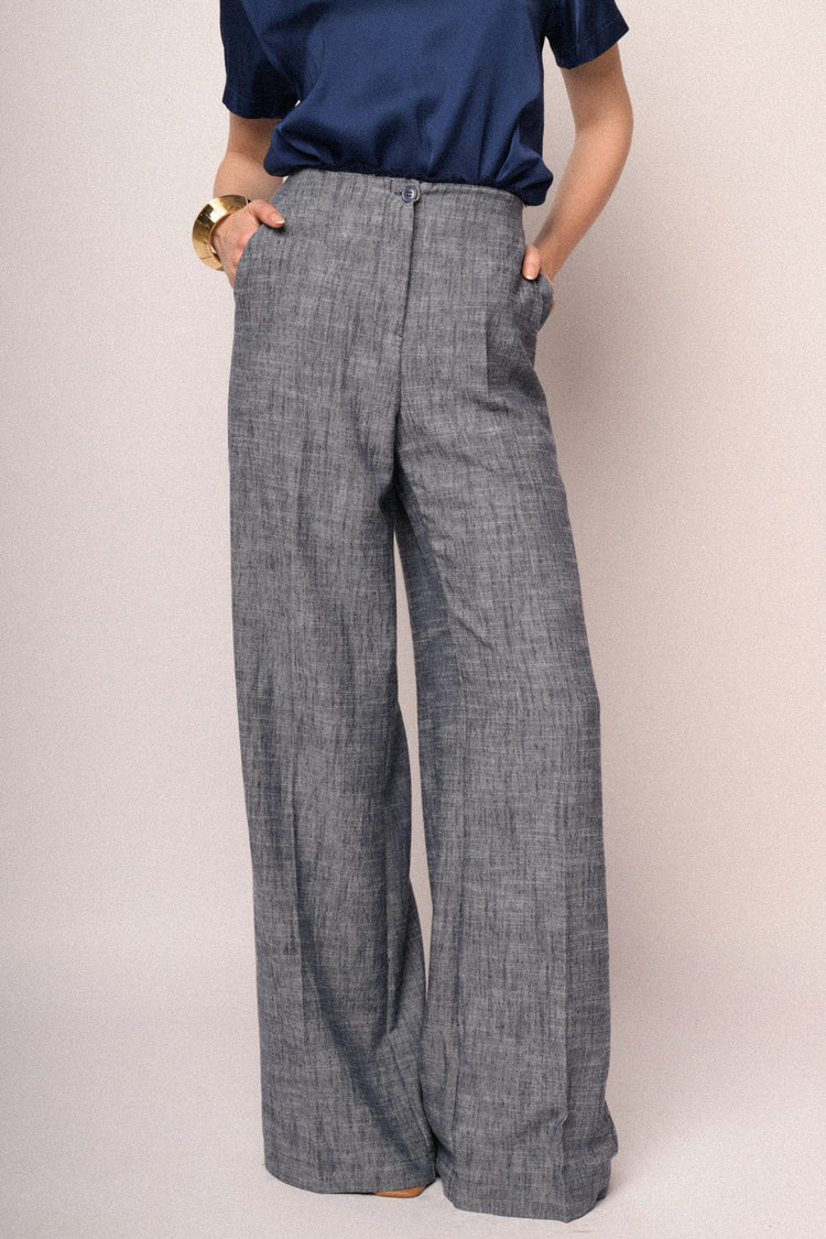 Pantaloni palazzo con vita sfrangiata blu mélange